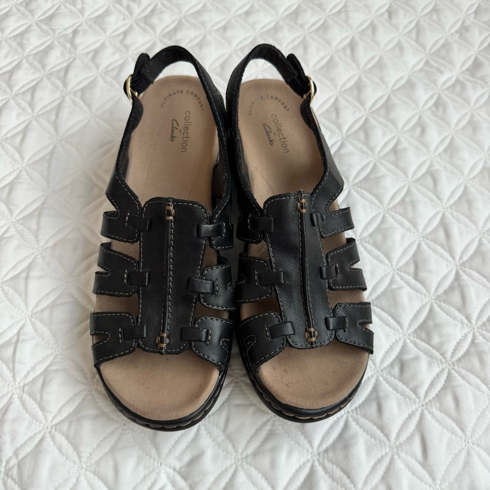 Clarks Lexi Marigold Black Leather Wedge Gladiator Sandals Size 7.5